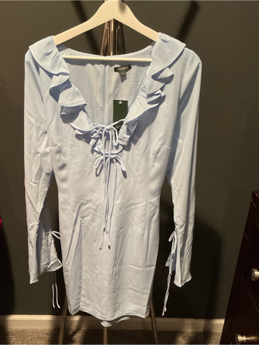 Light Blue Ruffle Tie-Front Long Sleeve Dress